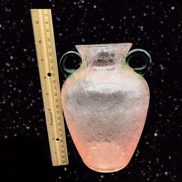 Pink Crackled Art Glass Vase with Applied Green Handles Textured Surface 8”T 3”W - Picture 8 of 13